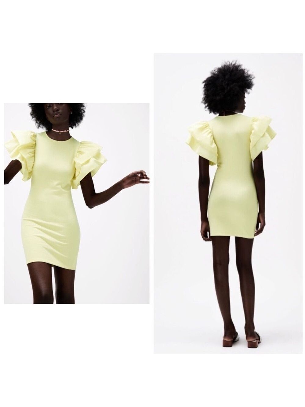 Zara Puff Voluminous Ruffle Poplin Sleeve Bodycon Mini Dress Pastel Yellow Sz S